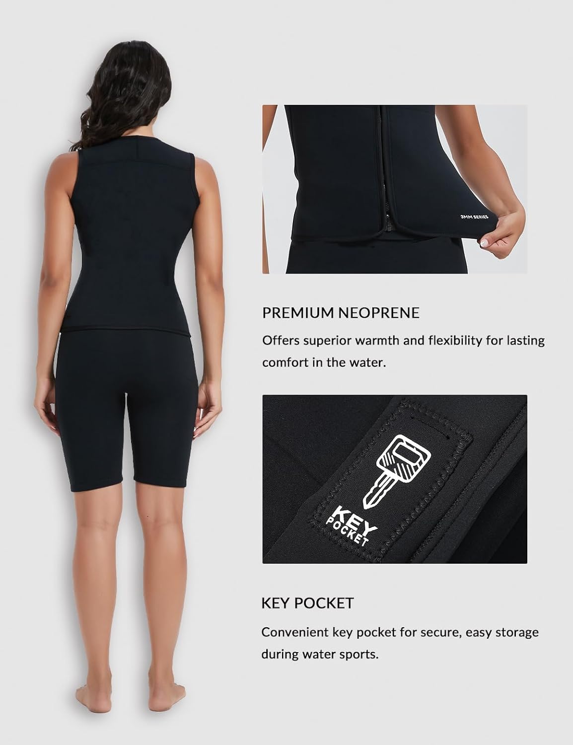 Lemorecn Wetsuit Top Women, 3mm Sleeveless Neoprene Wet Suit Tops Jacket Front Zip Diving Vest for Water Sports - Image 4