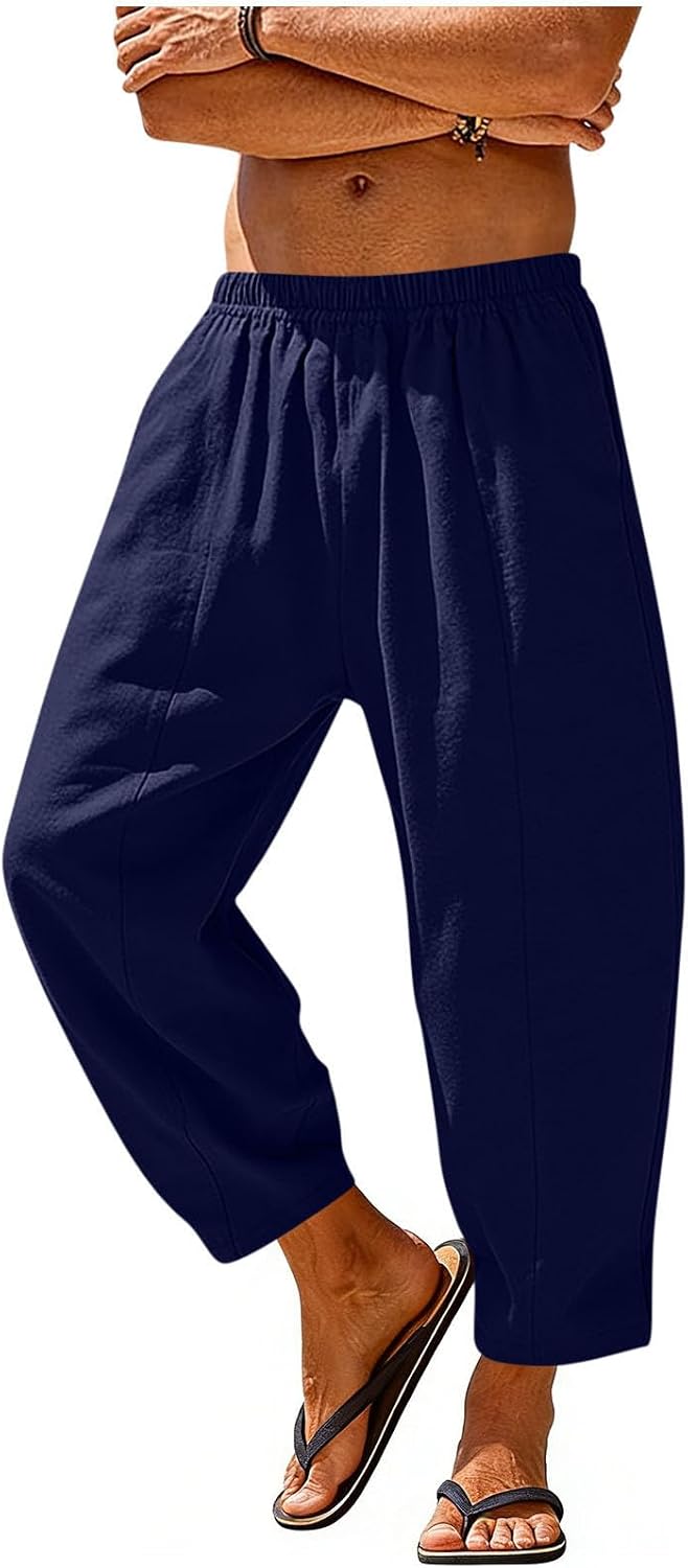 Mens Cotton Linen Beach Pants Summer Casual Loose Fit Pant Elastic Waist Comfy Soft Slacks Trousers with Pockets