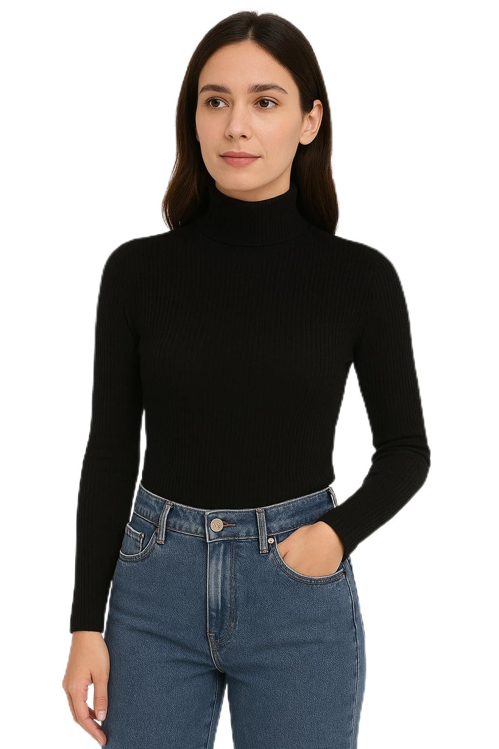 Women's Ribbed Turtleneck Sweater, Long Sleeve Cotton Blend, Fitted Winter Pullover Top, Classic White, Medium Stretch Fabric