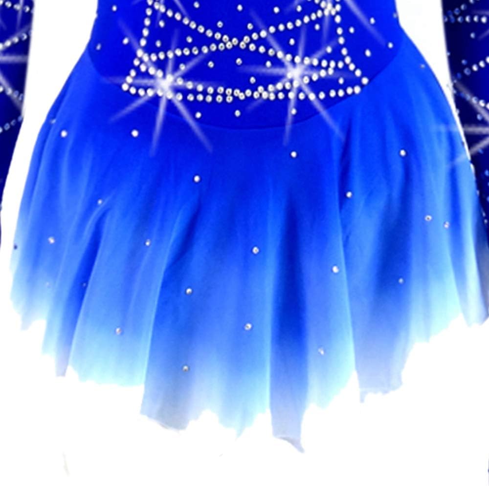 Ice Figure Skating Dress Girls Sleeved Beaded Blue Gradient Roller Skating Dress