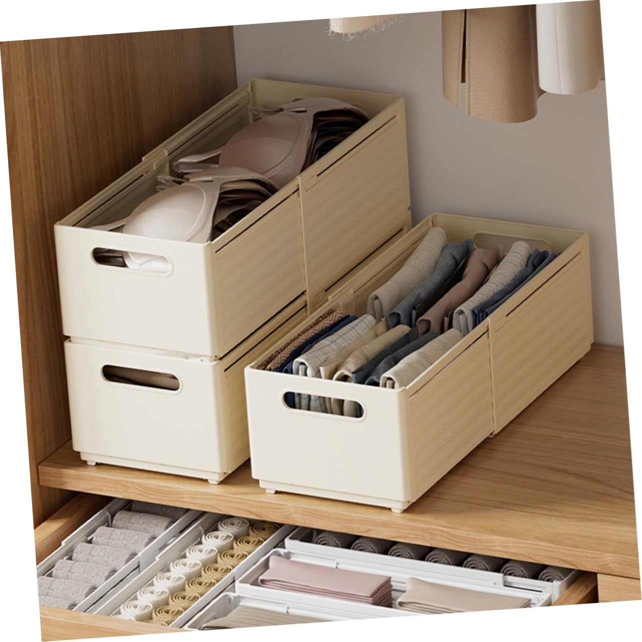 Organizador de Ropa Interior Extensible para Cajón, 2 Unidades, Pp Beige, Multiusos para Hogar y Oficina