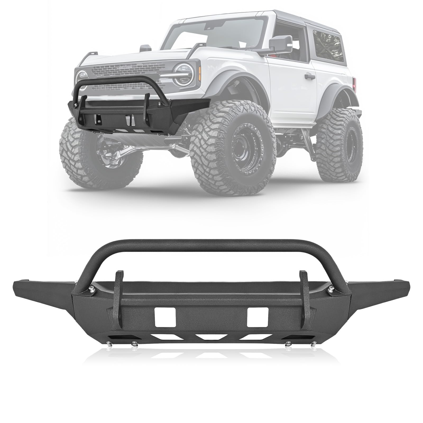 KUAFU Front Bumper Compatible with 2021 2022 2023 2024 Ford Bronco W/Bull Bar Winch Mount Steel Powder Coated Black
