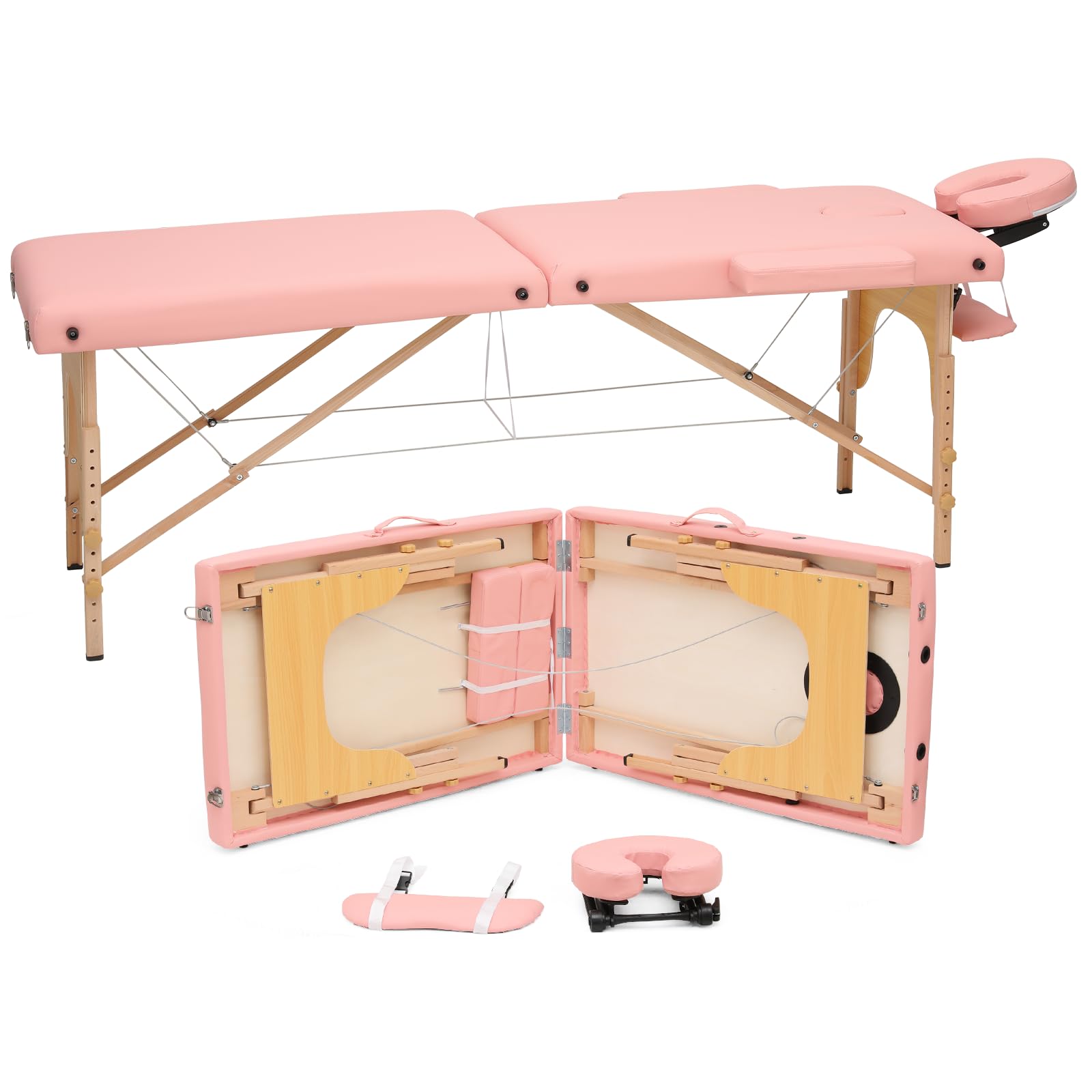 MoNiBloom Massage Table 2 Fold Portable Massage Table 82" Massage Bed Height Adjustable SPA Bed w/Carry Case Beechwood Frame Foldable Massage Table, Pink
