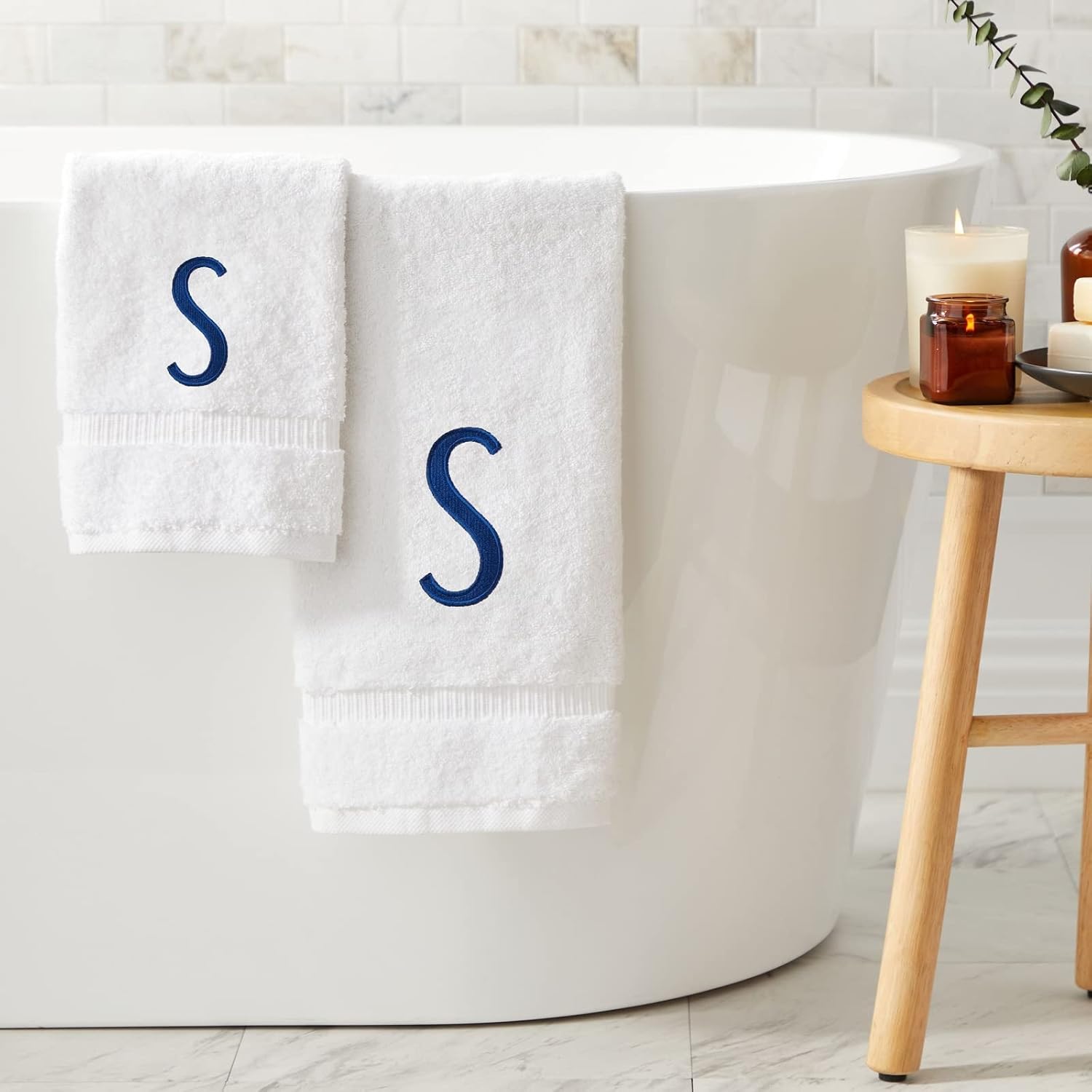 Juvale 3 Piece Letter S Monogrammed Bath Towels Set, White Cotton Bath Towel, Hand Towel, and Washcloth with Blue Embroidered Initial S for Wedding Gift, Bridal Shower