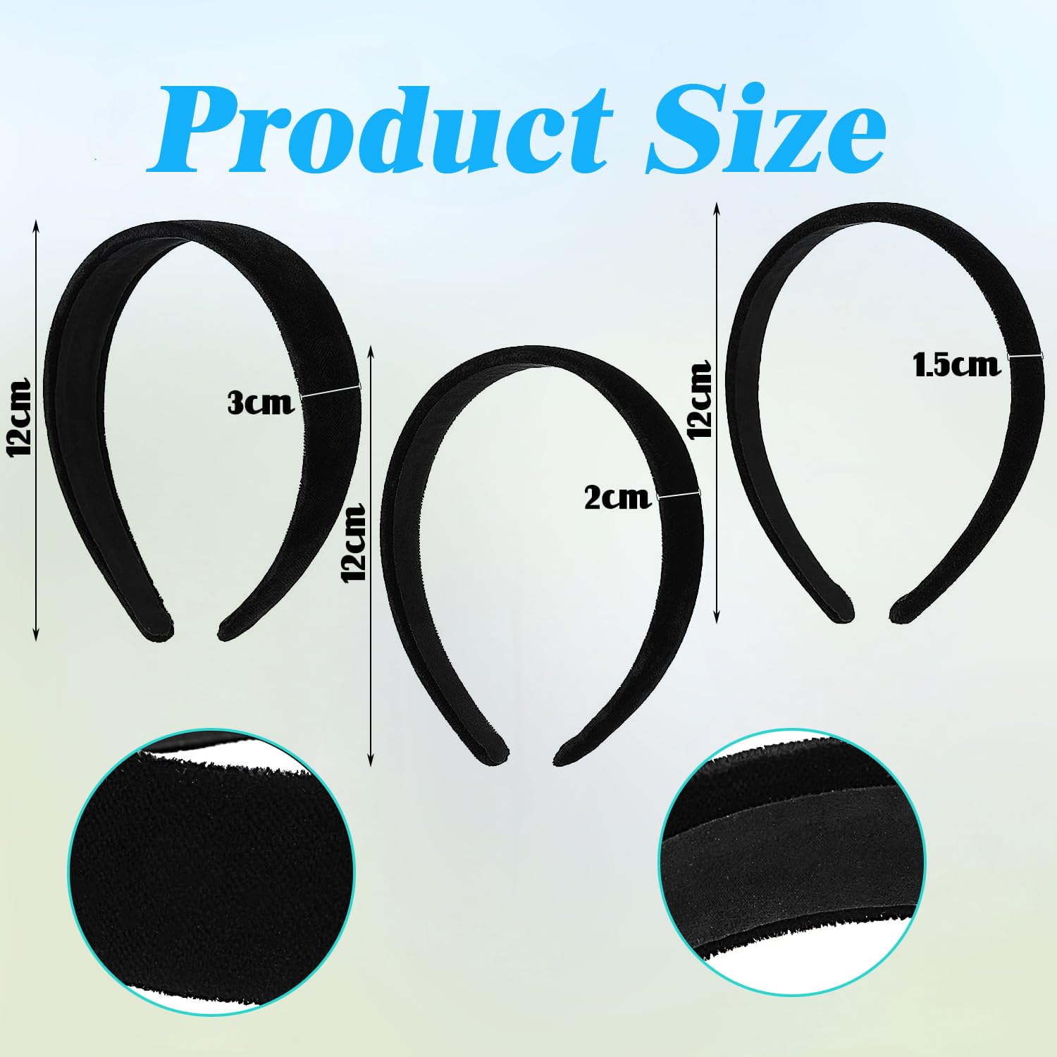 Amazleer 3 Pcs Black Velvet Padded Headbands, Solid Puffy Thick Hair Band - Image 2