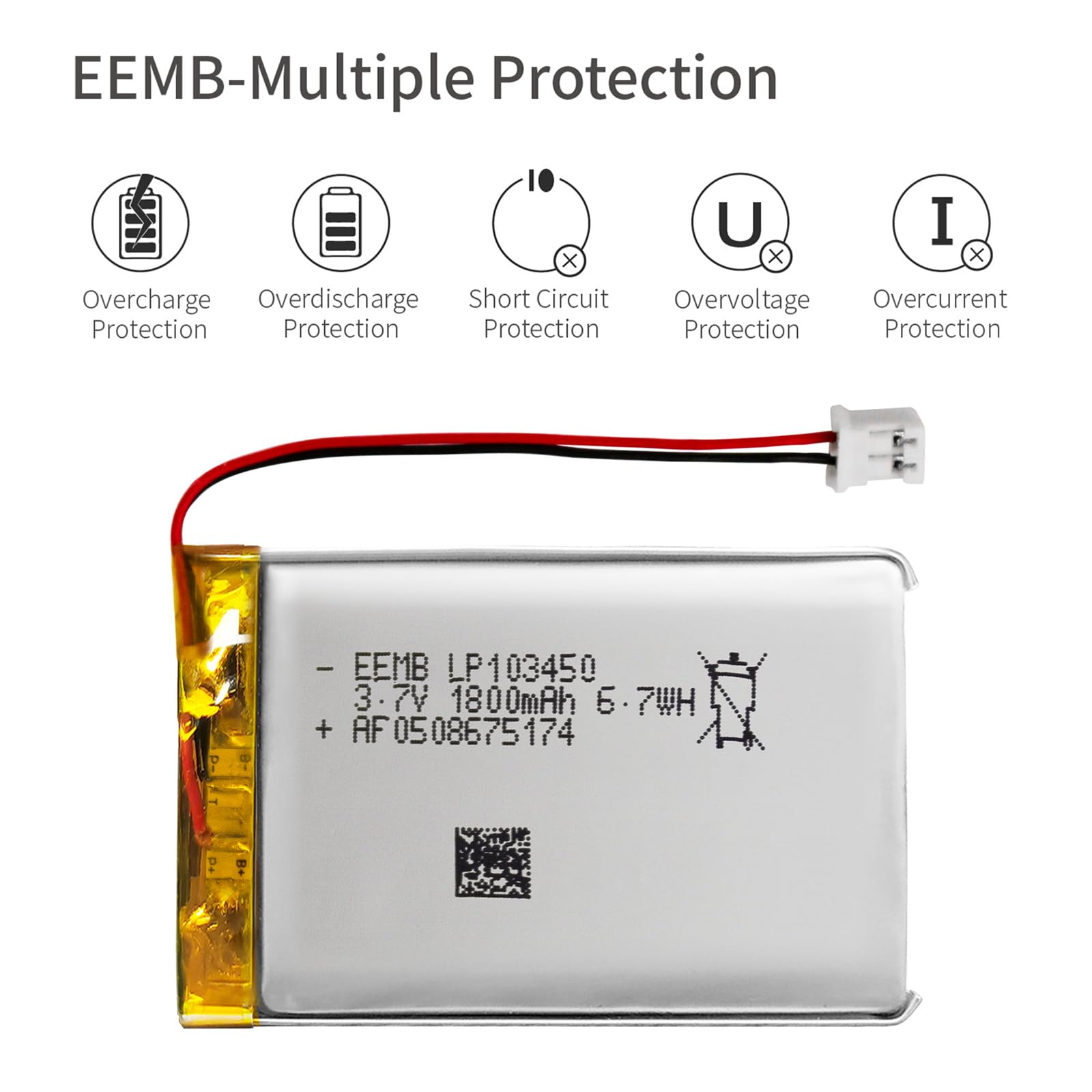Amazon | EEMBリチウムポリマー電池3.7 V 1800 mAh 103450 Lipo