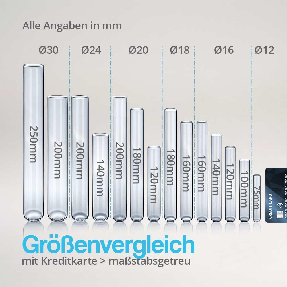 Tuuters Glas Reagenzglas mit Verschluss 25 Stück - 250 x Ø30mm Glasröhrchen | Reagenzgläser mit Deckel, luftdicht, ca. 150ml, 25cm hoch, 3cm breit, für Salz, Gewürze, Vanille, Kräuter, Tee aufbewahren