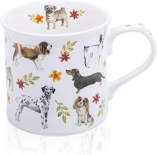 Cute Dog Coffee Mug, 12 oz Premium New Bone China Tankard Coffee Tea Mug, Holiday and Birthday Gift for Women, Dog Lovers, Dog Moms and Best Friends, Designed in England by Harvest Green Studio