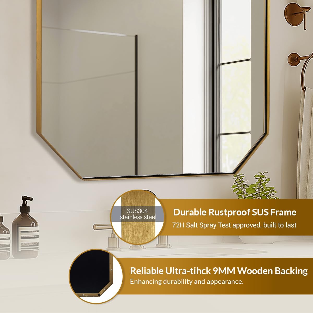 ANDY STAR Gold Octagon Bathroom Mirror, 24x40 Inch Stainless Steel Metal Frame, Anti-Rust, Shatterproof HD Glass, Wall Mounted for Bathroom, Bedroom, Living Room