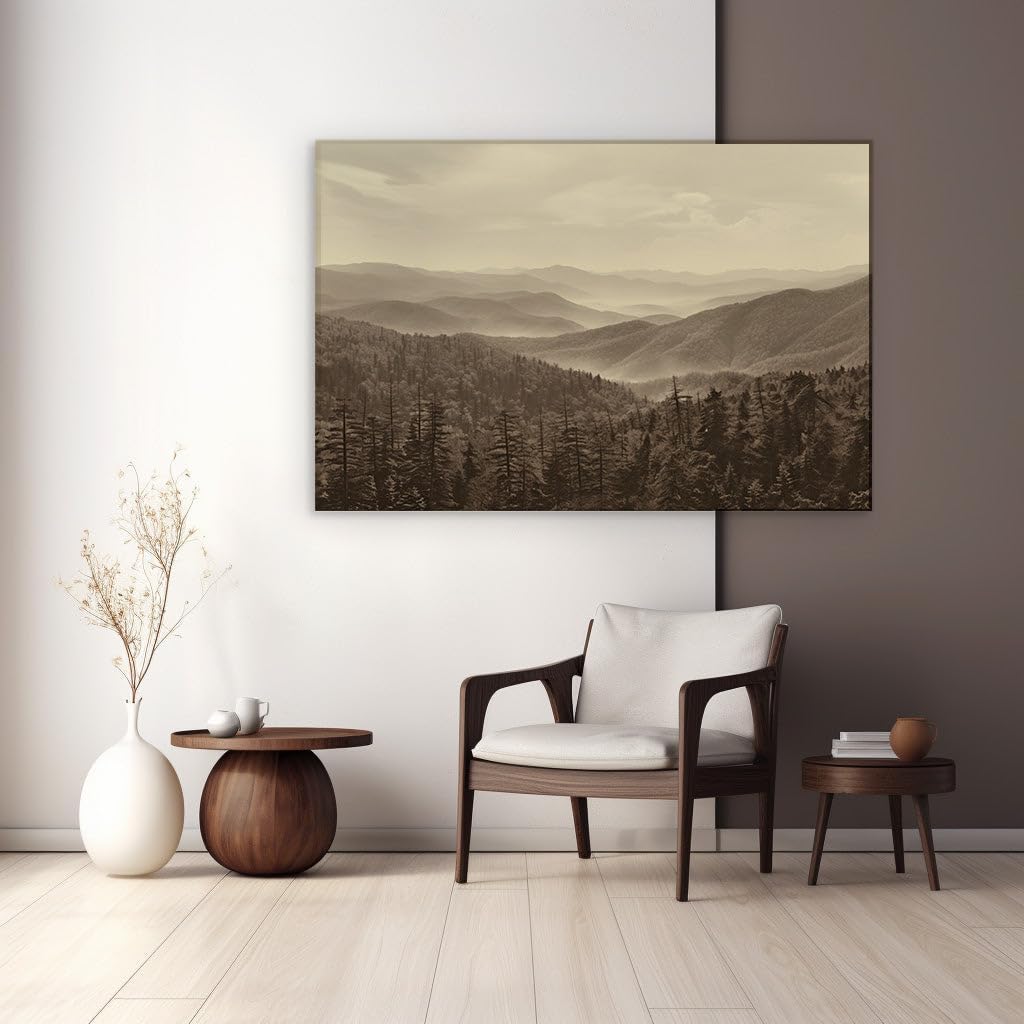 Canvas for Living room. Whispers of the Smokies: A Misty Mountain Reverie, 27 x 18 inch Canvas Wall Art - Surrealistic Visions - Modern Home Decor