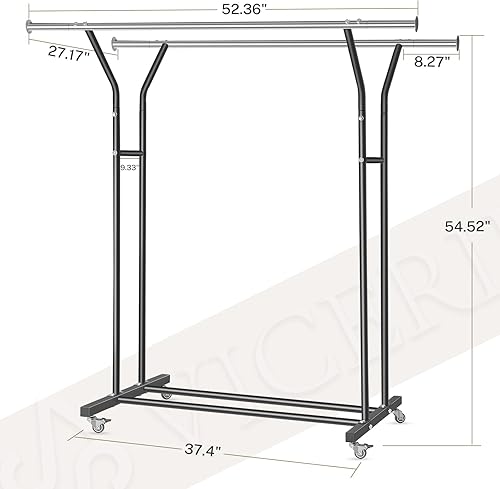 Miniatura 30 de Perchero de ropa resistente de 55.51 pulgadas con ruedas y estante inferior, perchero con ruedas y estante inferior, percheros de ropa de capacidad