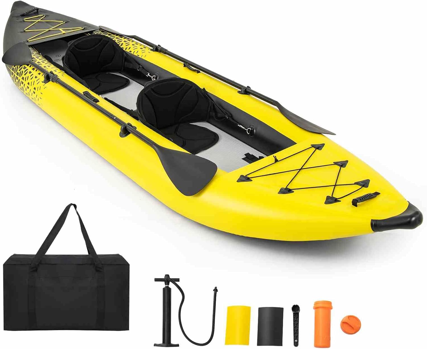 Costway Inflatable Kayak Set, 2-Person Kayak with Aluminium Oars, EVA Padded Seat, High Back Support, Hand Pump & Repair Kit, 230 kg Weight Capacity, Portable Kayak with Carry Bag