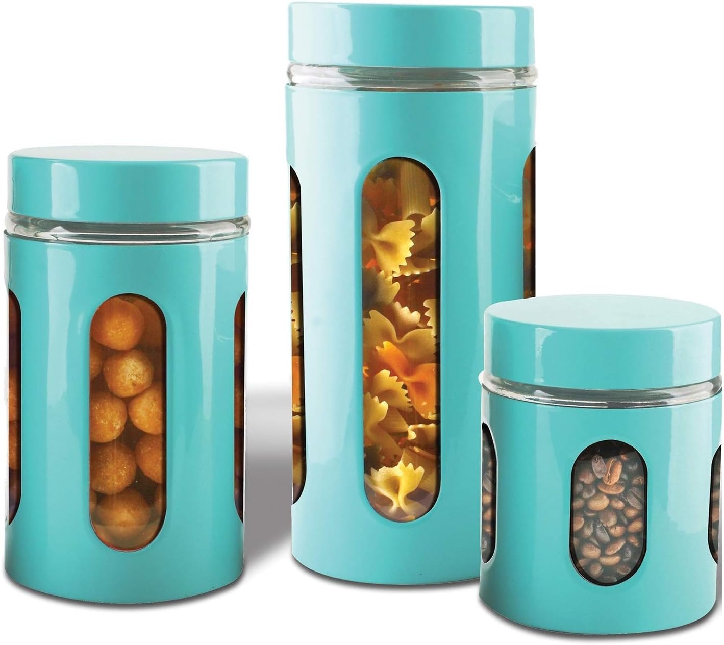 Premius AIR-TIGHT KITCHEN CANISTER SET, 3-Piece Glass and Metal Canisters, Quick Access And Space Saving, Great Safe And Fresh Food, Convenient Sizes, Modern Design (Turquoise Blue)