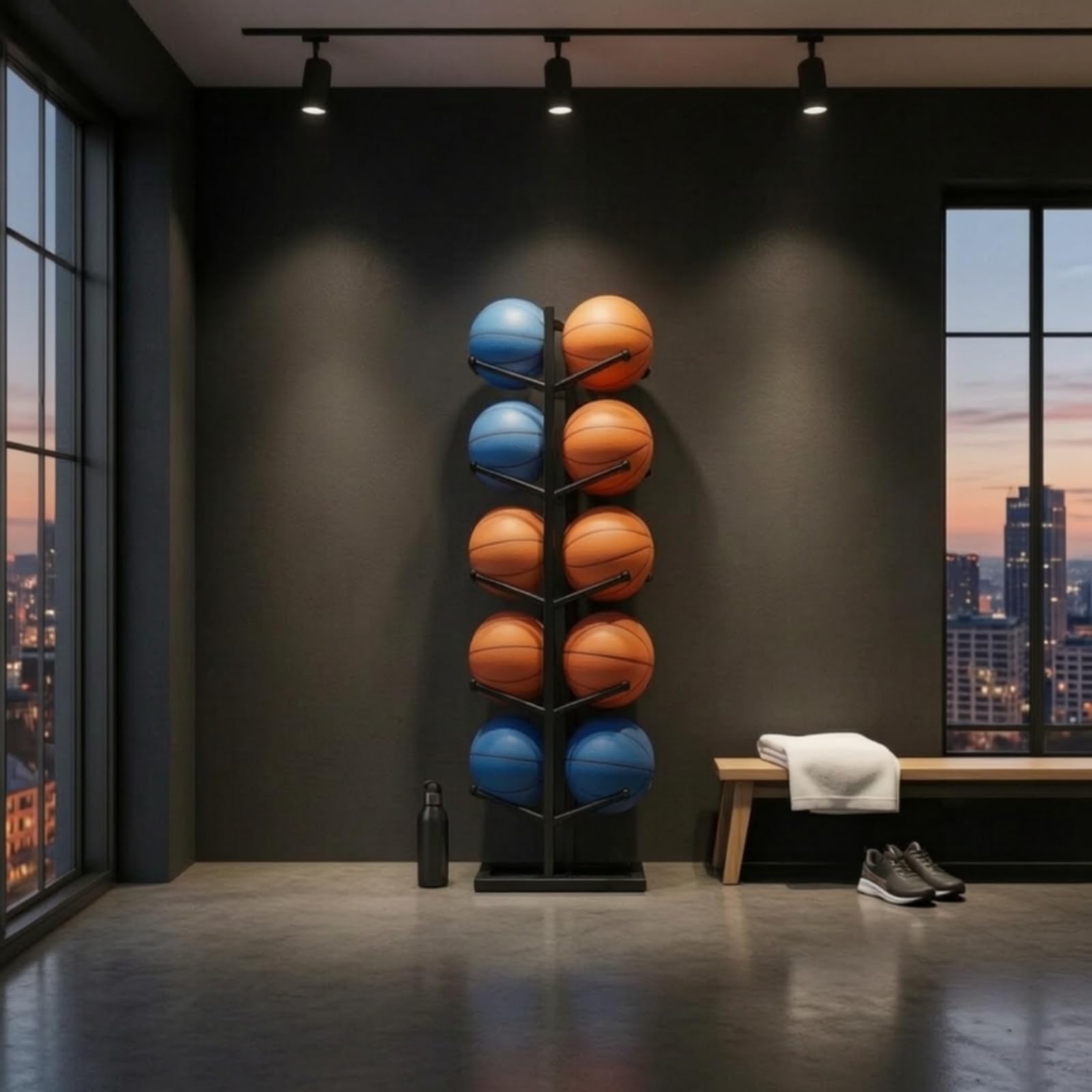 Yajuyi Estante para Balones Organizador de Pelotas Soporte Almacenamiento Exhibidor Estructura de Cinco Niveles Hierro Tubular Base Estable Ahorro de Espacio