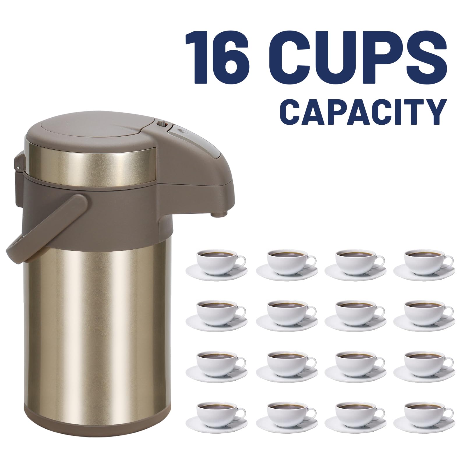 Thermos da 3,0 litri, in acciaio inox, a doppia parete, con meccanismo di pompa, caraffa per caffè, caraffa per 16 tazze (oro)