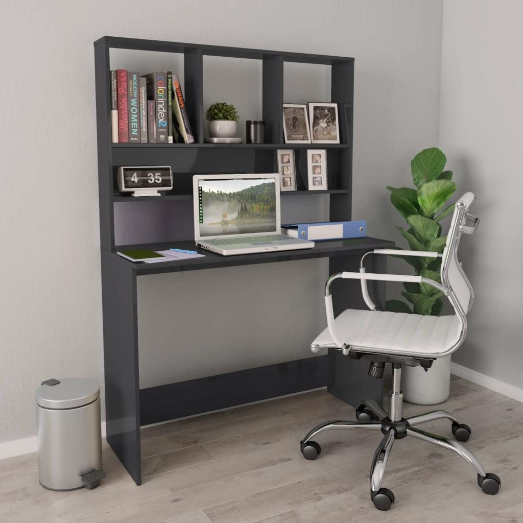 Scrivania verticale da ufficio con ripiani, grigio lucido, 110 x 45 x 157 cm, in legno, postazione di lavoro salvaspazio con spazio per raccoglitori, tastiera e laptop