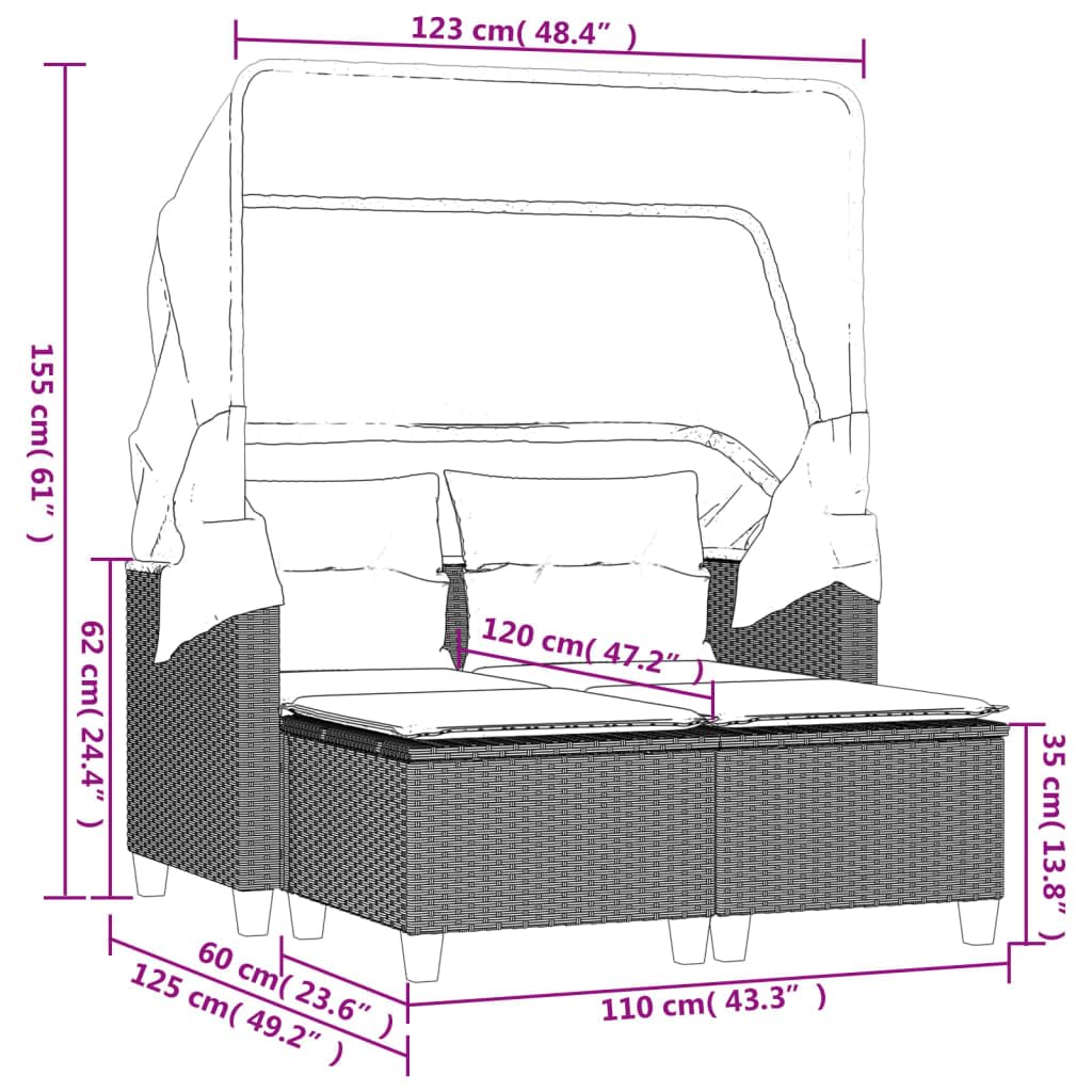 Canapé de Jardin 2 Places en résine tressée Beige avec auvent rétractable et 2 tabourets, Coussins Amovibles, mobilier d'extérieur pour terrasse Balcon Piscine Jardin Patio détente
