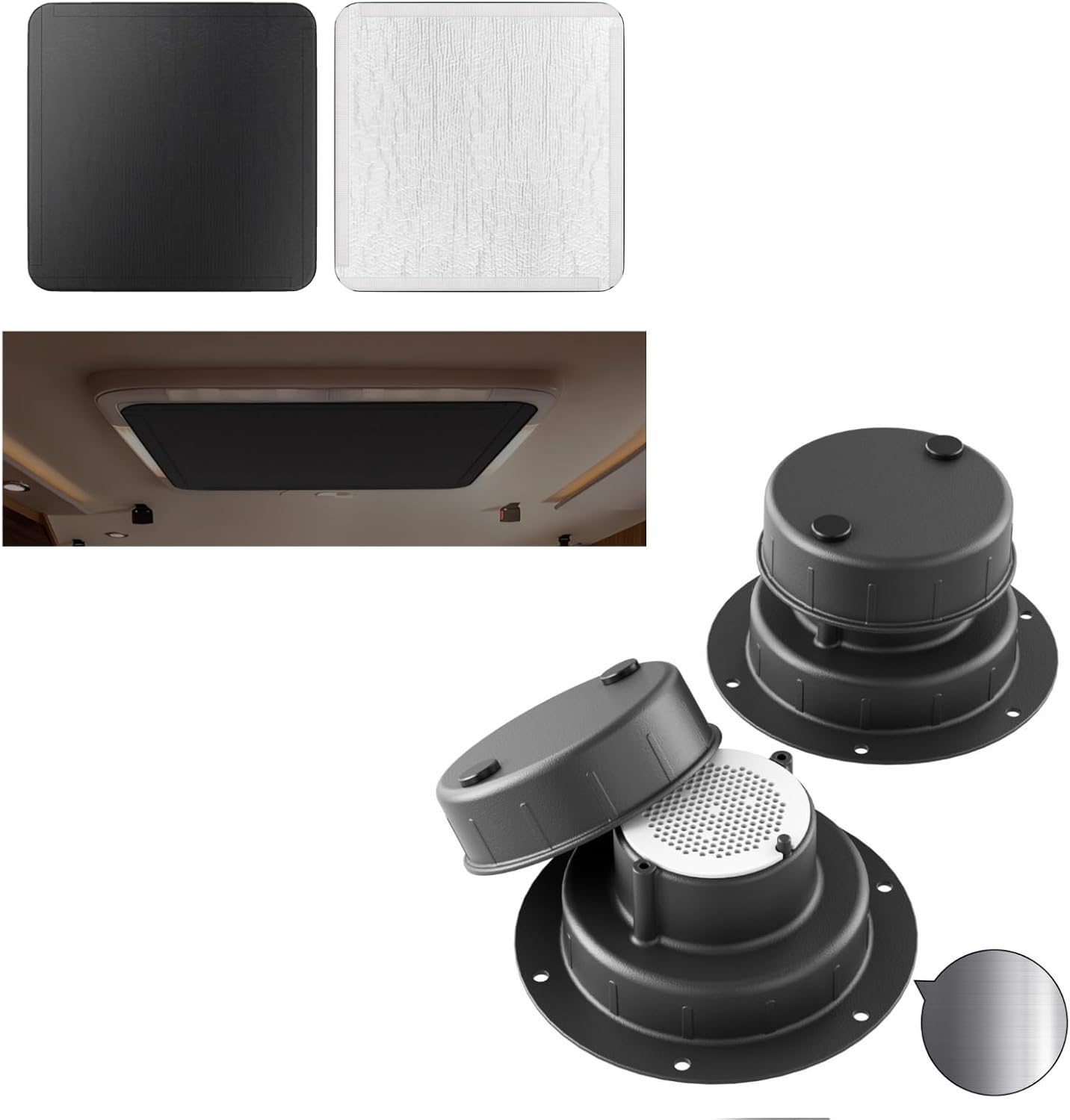 RV Roof Vent Cover Blackout Shade 16x16 + Metal Camper Plumbing Ventilation Cap