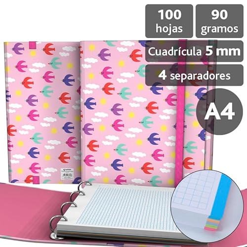 Grafoplás 88211932 Elena Corredoira Ordner mit 4 Ringen und Nachfüllung, Modell Vögel, A4