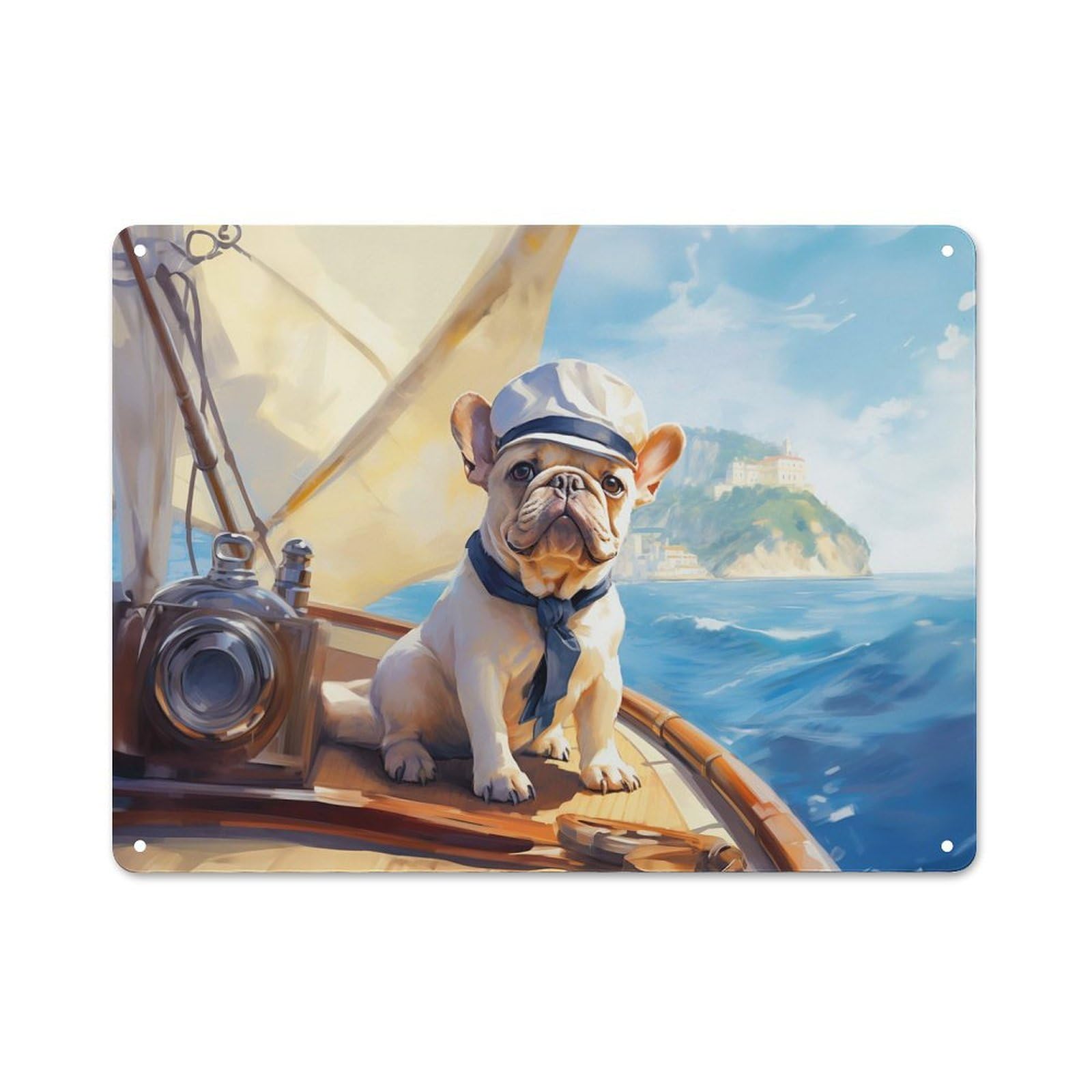 Junmoney Style-22 Urban Metal Wall Art Sign 30X40cm Featuring Frenchie On On A Yacht, Urban Room Decor For Modern Home, Workshop, Office Or Cafe