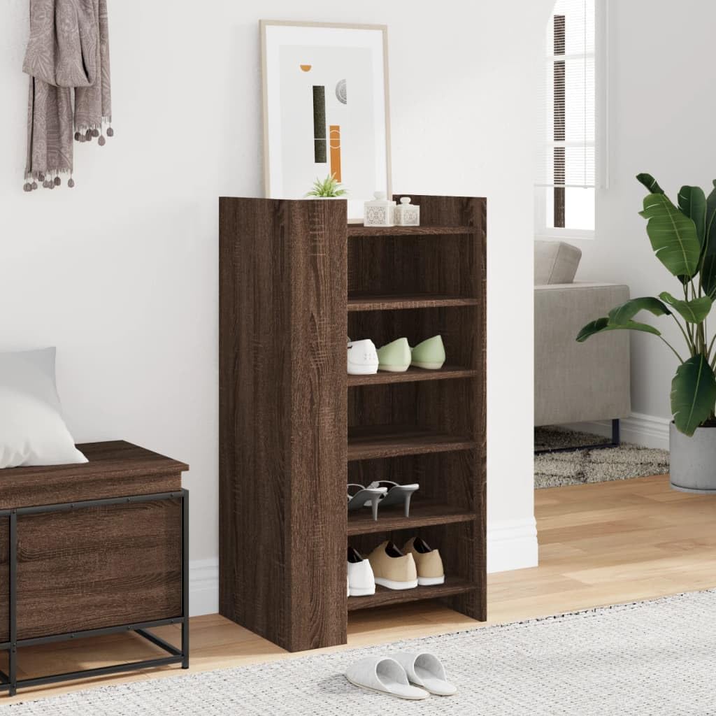 Szafka na buty, brązowa, imitacja dębu, wykonana z materiału drewnopochodnego z 5 półkami, 52 x 37,5 x 100 cm, nie zajmuje dużo miejsca, do przedpokoju, organizer dla kobiet, mężczyzn, dzieci