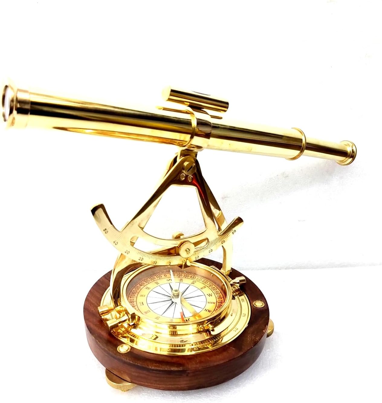 Brass Alidade Telescope with Navigation Compass Transit Surveying Instrument with Wooden Base 14 inch Alidade Best for Christmas Gifting