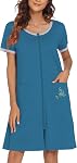 Ekouaer Women Zipper Front House Coat Short Sleeves Robe Zip Up Bathrobes Short Nightgown with Pockets S-3XL