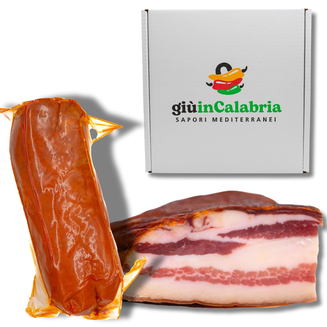 Box Calabrais: Guanciale Calabrais 400g et Nduja de Spilinga 250g - Charcuteries Artisanales Calabraises, Idéales pour Recettes Traditionnelles et Panier cadeau - Saveurs méditerranéennes