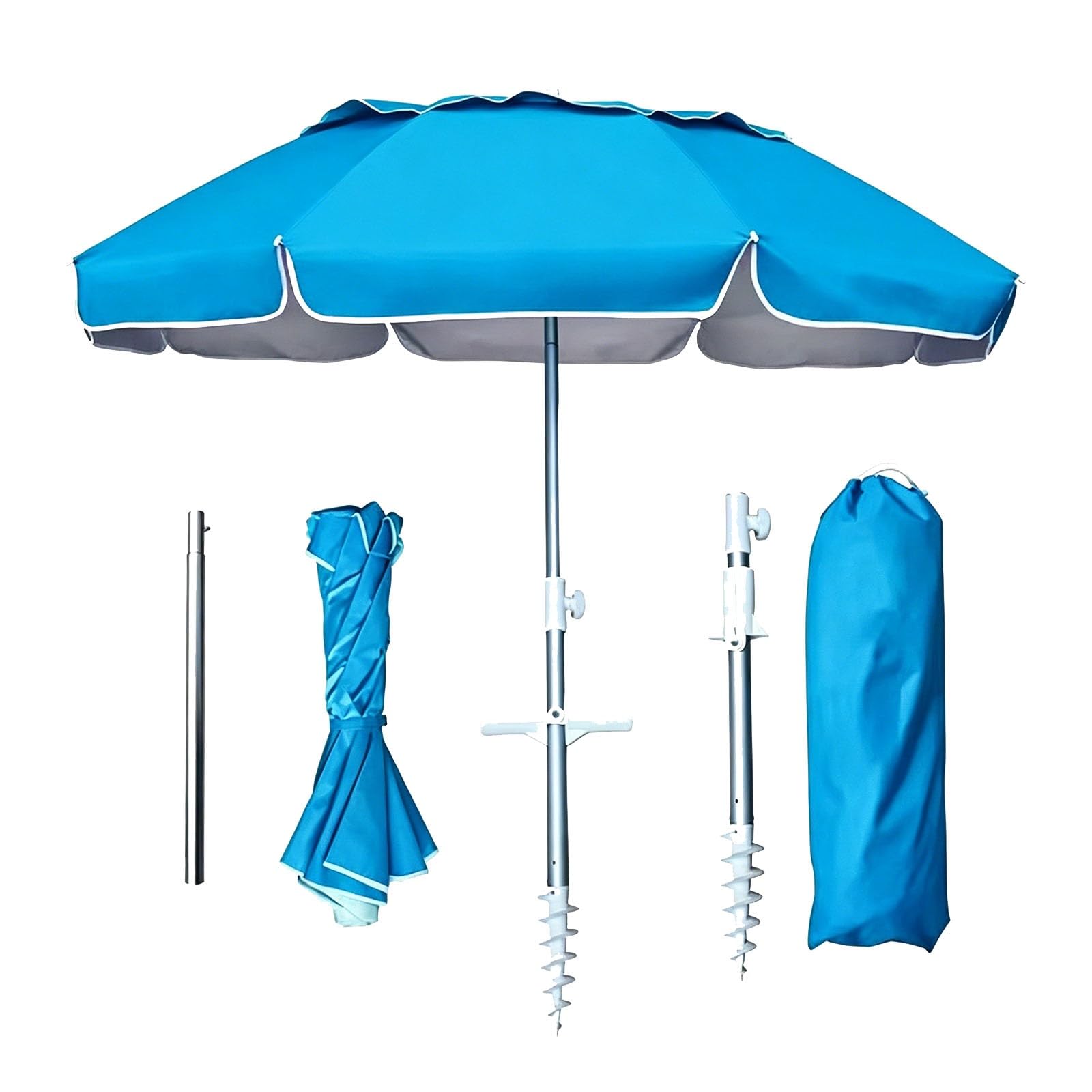 Parasol De Plage Portable 2m Avec Ancre À Sable, Protection Solaire UPF 50+, Parasol Pliable Télescopique 3 Sections, Inclinaison Réglable Pour Voyage, Camping, Terrasse, Jardin, Piscine(Light blue)