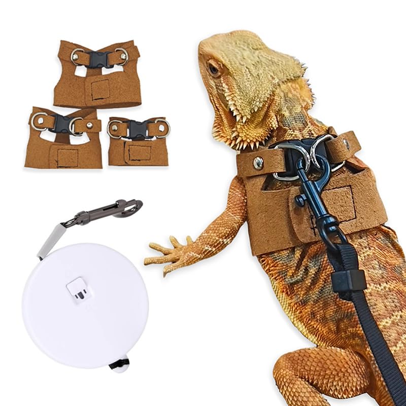 Image of Bearded Dragon Leash - 3 Sizes Pack Reptile Outing Adjustable Soft Leather Lizard Harness with Retractable Leash Small Animal Traction Rope Walking Vest Accessories for Bearded Dragon Leash(Camel)