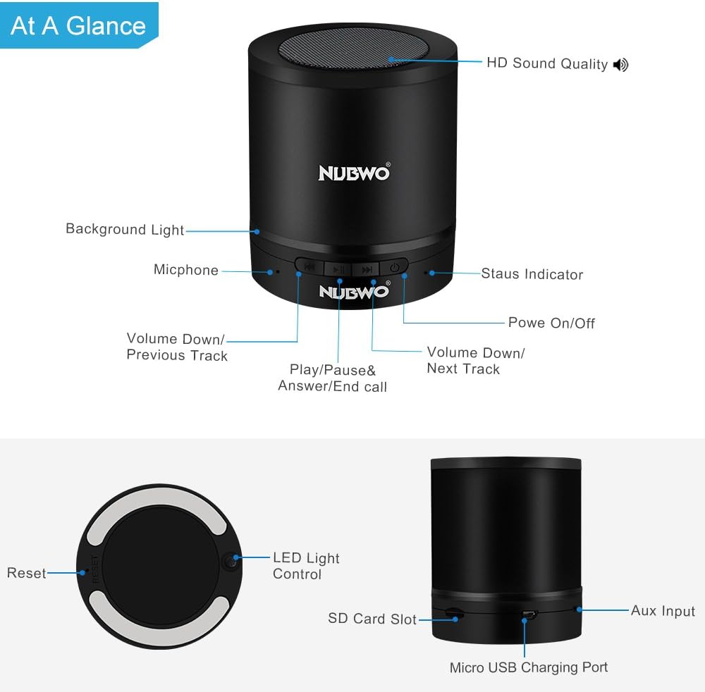 Bluetooth Speaker,Nubwo Wireless Portable Travel Mini Speaker with Superior Sound,Long Playtime,Hands-free Call,3W Driver,AUX Line,and TF Card Slot for iPhone, iPod, iPad, Samsung,LG and Others(Black)