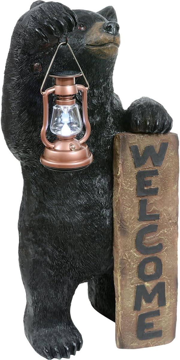 BLACK FOREST DECOR - Welcome Bear Solar Lantern - Outdoor Patio & Garden Décor with Solar Light, 18" W x 16" D x 33" H