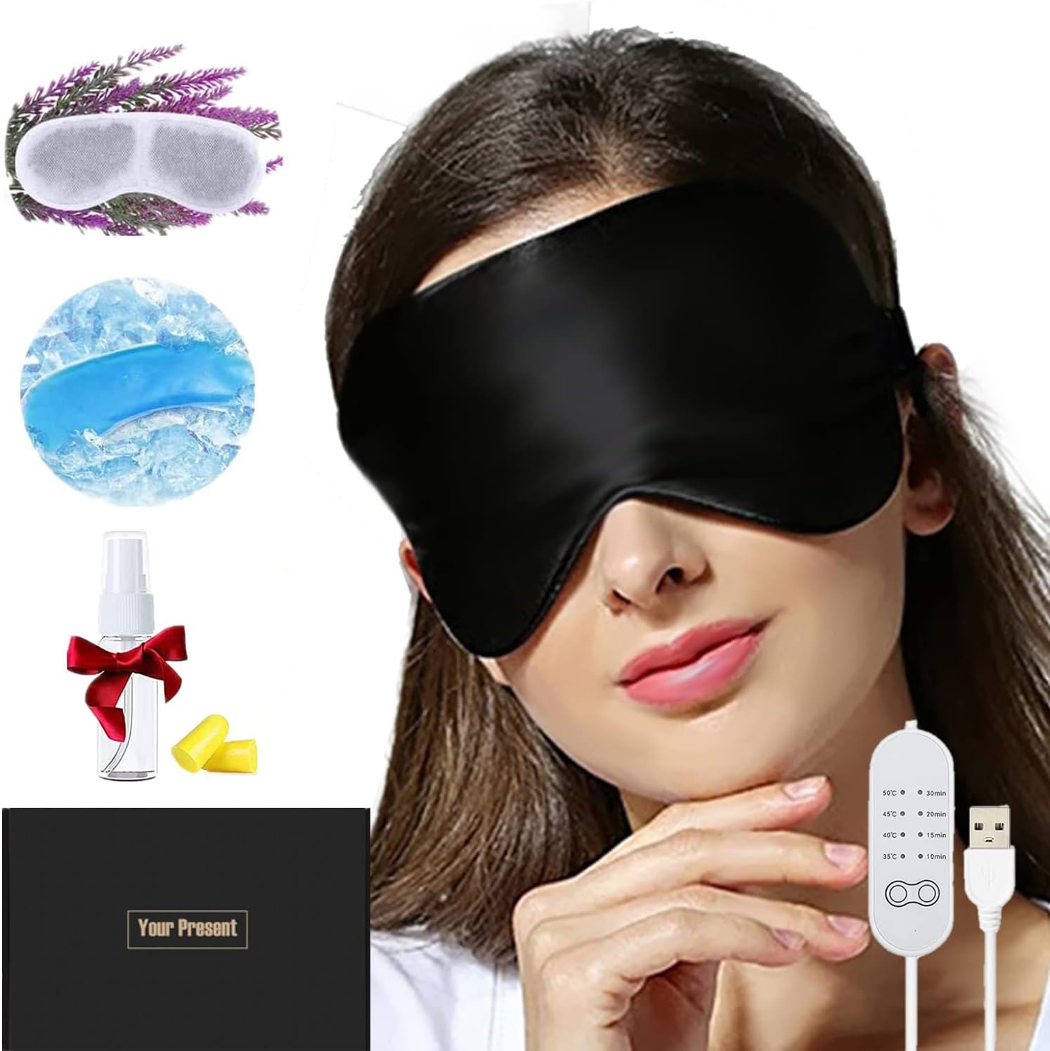 Heated Eye Mask, USB Eye Heating Pad with Hot/Cold Compress, Eye-Relieving & Light-Blocking, Lavender Silk Sleeping Masks for Sleep, Dry Eyes, Blepharitis, Dark Circles, MGD and Puffy Eyes (Black)