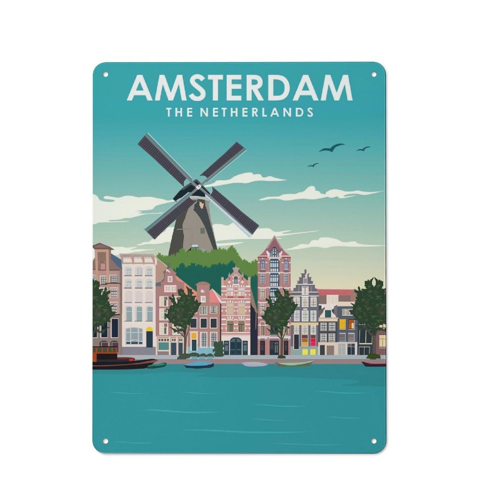 Junmoney Amsterdam Windmill Travel Vintage Metal Wall Decor 40X30cm, Garage Metal Sign For Garage, Workshop, Shed Or Utility Room