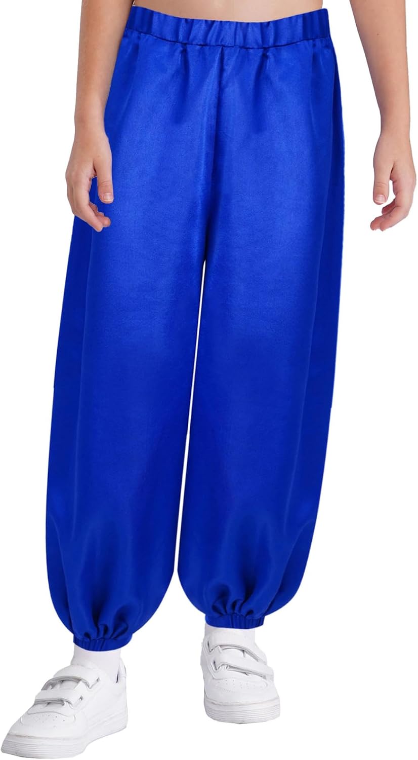 Kids Girls Satin Belly Dance Bloomers Elastic Waist Harem Pants Trousers for Performance Theme Party Dress Up