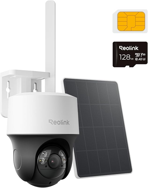 REOLINK Cámara de seguridad celular 2K 4G LTE inalámbrica para exteriores+tarjeta SD de 128 GB, giro automático y giro de 360°, sin WiFi, energía solar, visión nocturna en color, detección inteligente, tarjeta SIM incluida, Go PT S Lite+SP