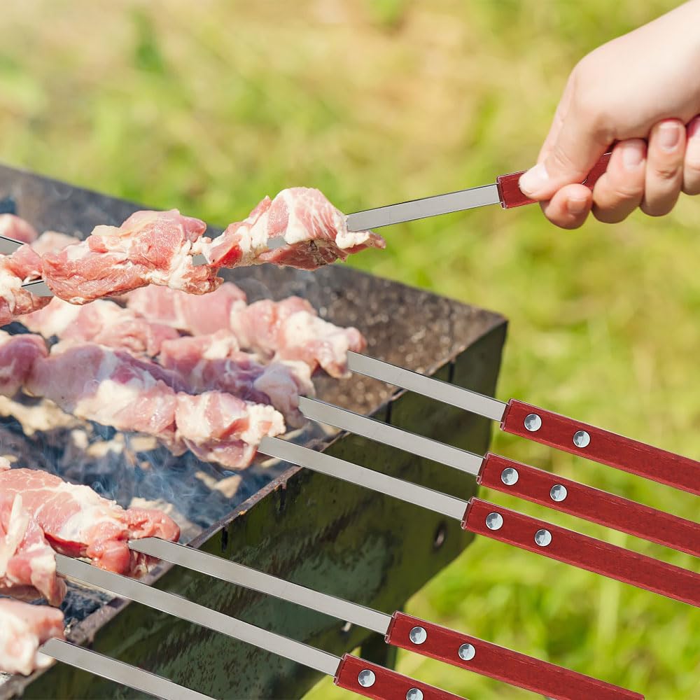 Jadin Brochettes Barbecue Inox 42cm Kebab Manche Bois Réutilisable Résistante Chaleur Sac