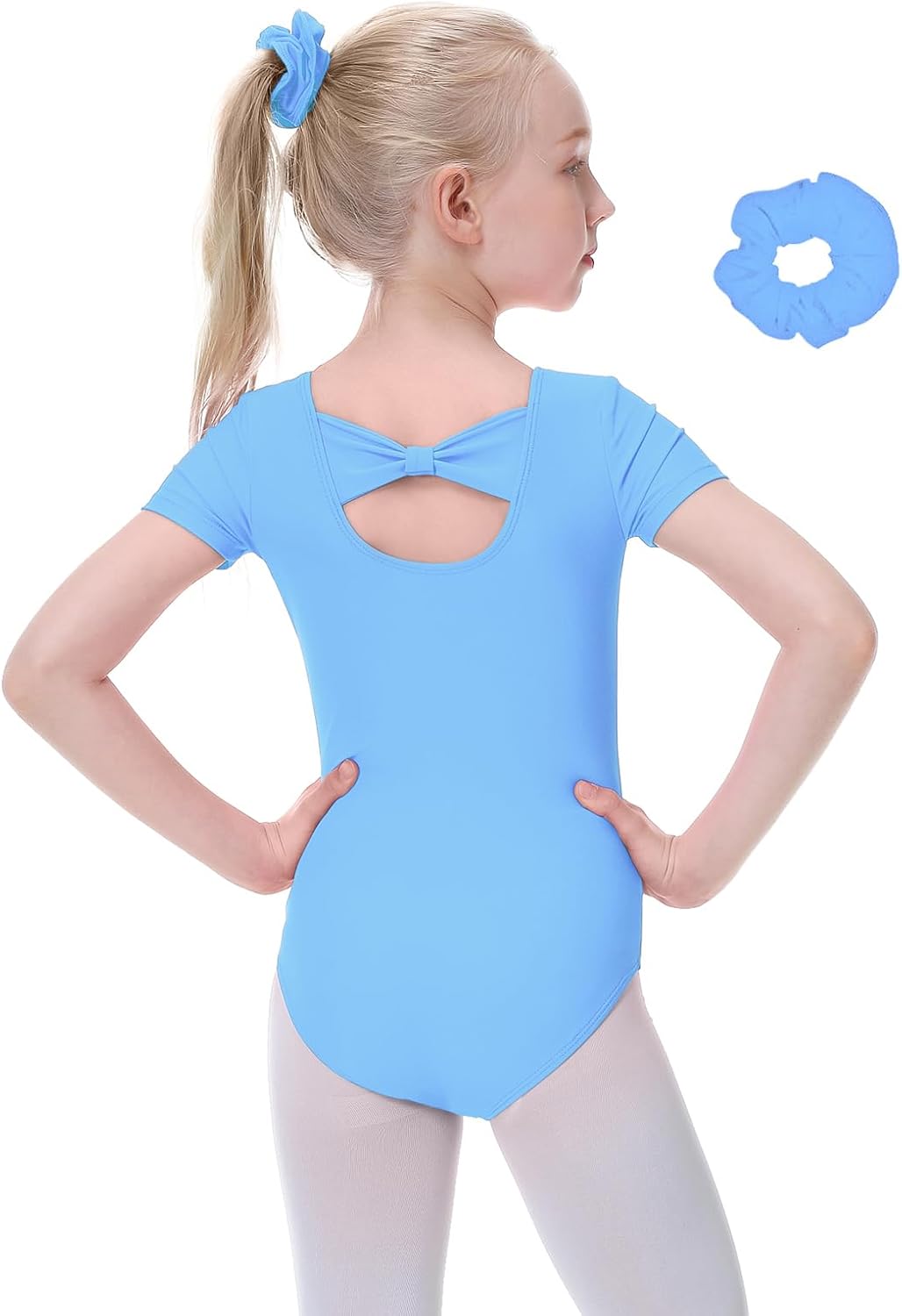 Girls Leotard Kids Short Sleeve Bow Back Leotard for Dance Ballet Gymnastics Matching Hair Scrunchie 3-12 Years