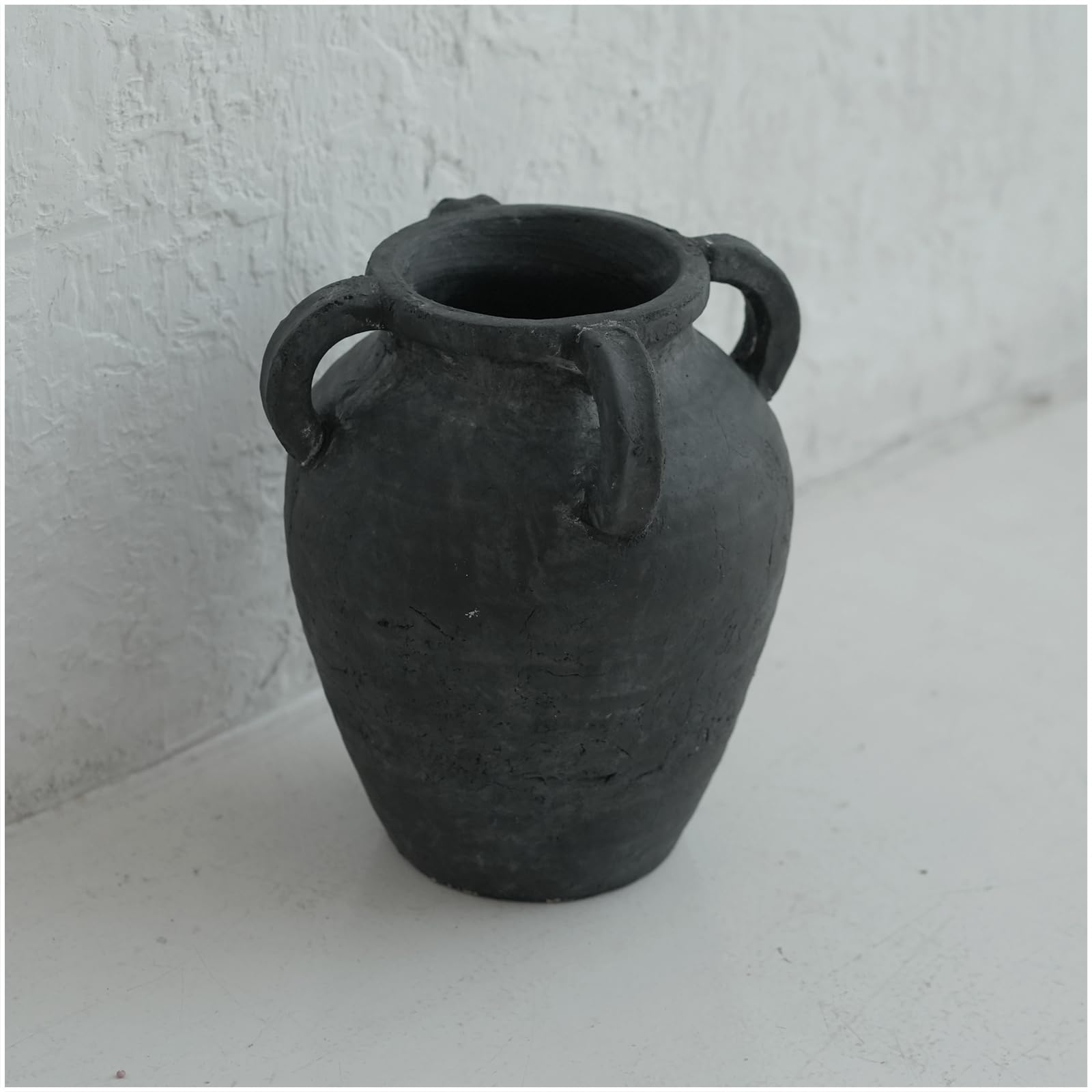 Chagoart Handmade Black Ceramic Vase for Home Decor-9.6" Rustic Vase-Big Concrete Stone Pottery Decorative Vase-Large Farmhouse Vase for Living Room-Terracotta Vintage Vase Antique Decor 4 Ear Design