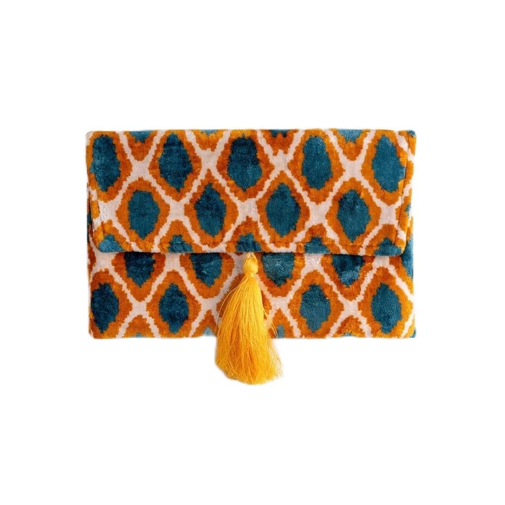 Pochette Ikat in velluto di seta fatta a mano, stile busta, design bohémien, motivo etnico, opzione cinturino a catena, pochette per feste serali, borsa premium, bianco sporco, turchese, oro