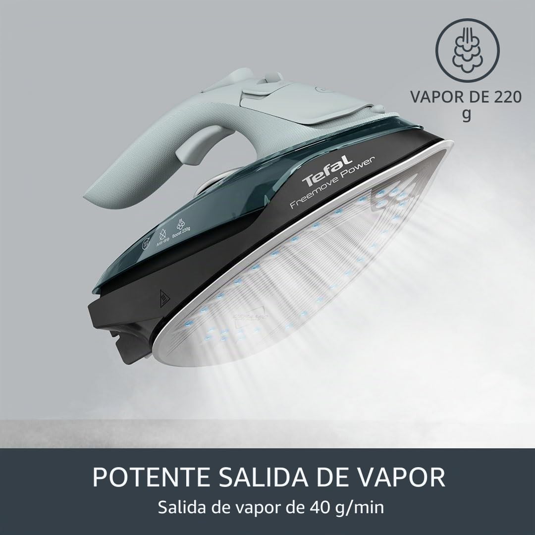 Tefal Freemove Power FV6672G0 - Plancha de vapor inalámbrica - 2600 W, 40 g/min de vapor continuo, 220 g, recarga de 11 segundos, ligera 960 g, suela de cerámica, apagado automático, antigoteo