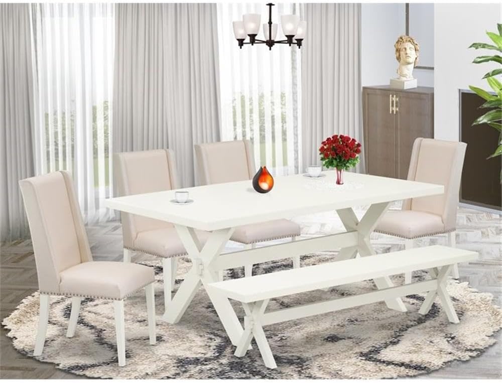 East West Furniture X027FL201-6 6 Piece Kitchen Table Set Contains a Rectangle Dining Table with X-Legs and 4 Cream Linen Fabric Parson Chairs with a Bench, 40x72 Inch, Multi-Color