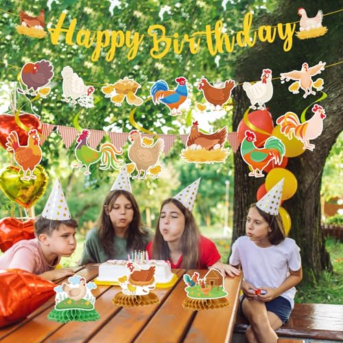Image of Chicken Birthday Party Decorations, 11PCS Chicken Farm Birthday Party Supplies, Chick Theme Banners Hanging Swirls Honeycomb Centerpieces Decor