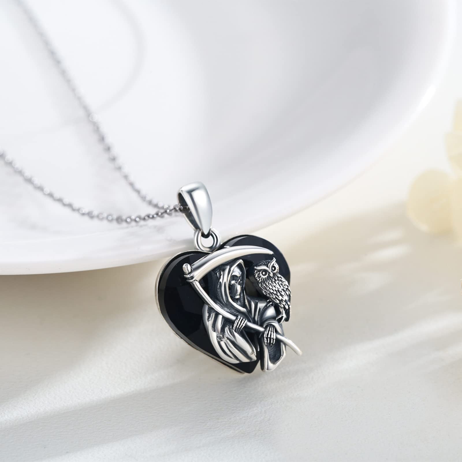 Reaper - Collar de plata de ley 925, diseño de búho y Santa Muerte con cristales negros, collar de Halloween, joyas de Halloween, regalo para mujeres y hombres, 22 + 2 pulgadas, 18 * 18 mm, Plata