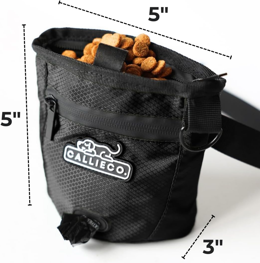 Callieco Mini Dog Treat Pouch with Magnetic & Zipper Closure | Small Waist Belt Training Behavior Aid Bag for Dog Walking with Poop Bag Dispenser (Black)