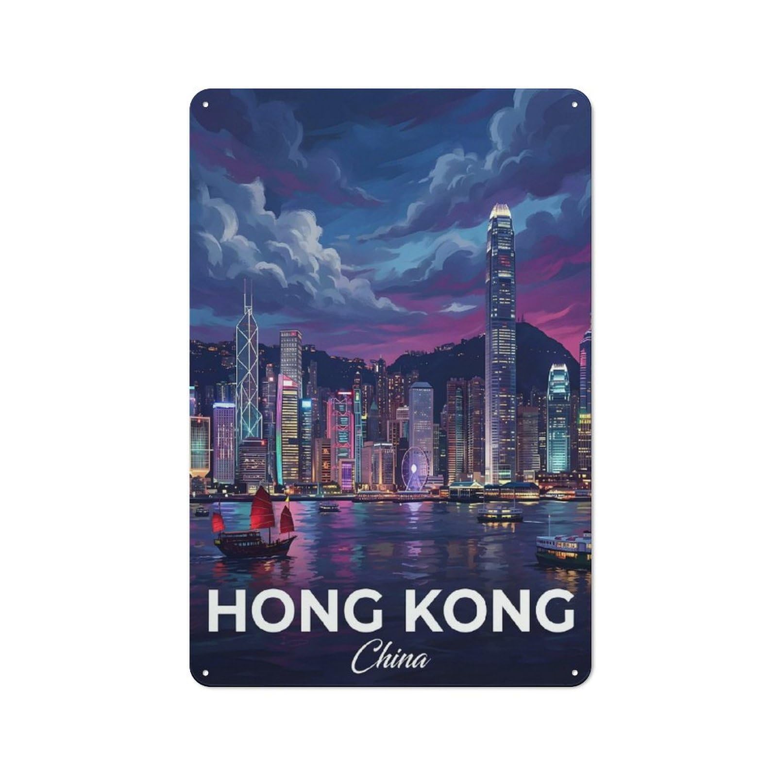 Junmoney Style-9 Hong Kong Skyline At Dusk Vintage Metal Wall Decor 30X20cm, Vintage Metal Sign For Hallway, Home Bar, Garage Or Study
