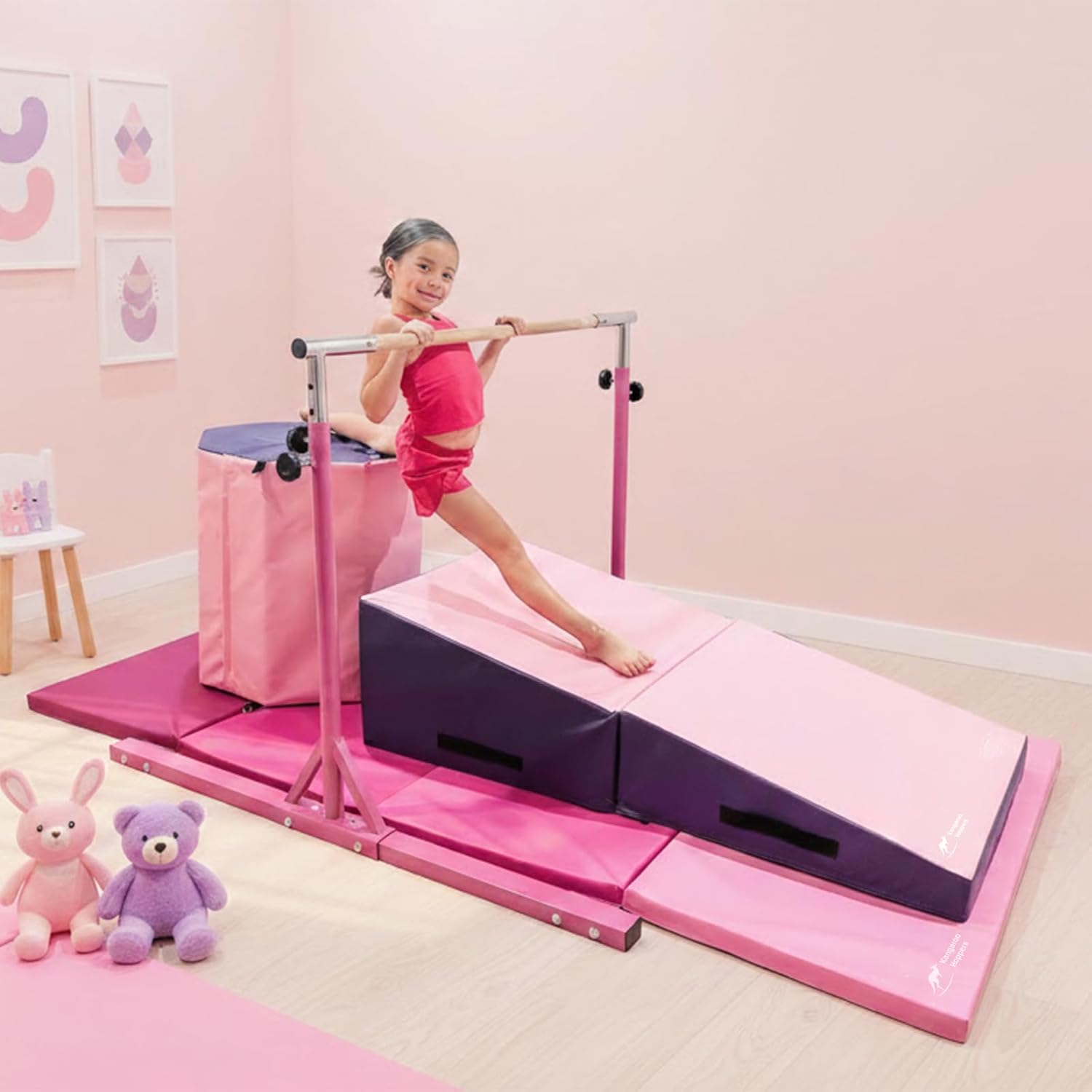 Kangaroo Hoppers Gymnastics Bar Set for Home Gym Exercise, 4×8 FT Gymnastics Mat and Octagon Tumble or Incline Wedge Cheese Mat for Kids Tumbling, Skill Training