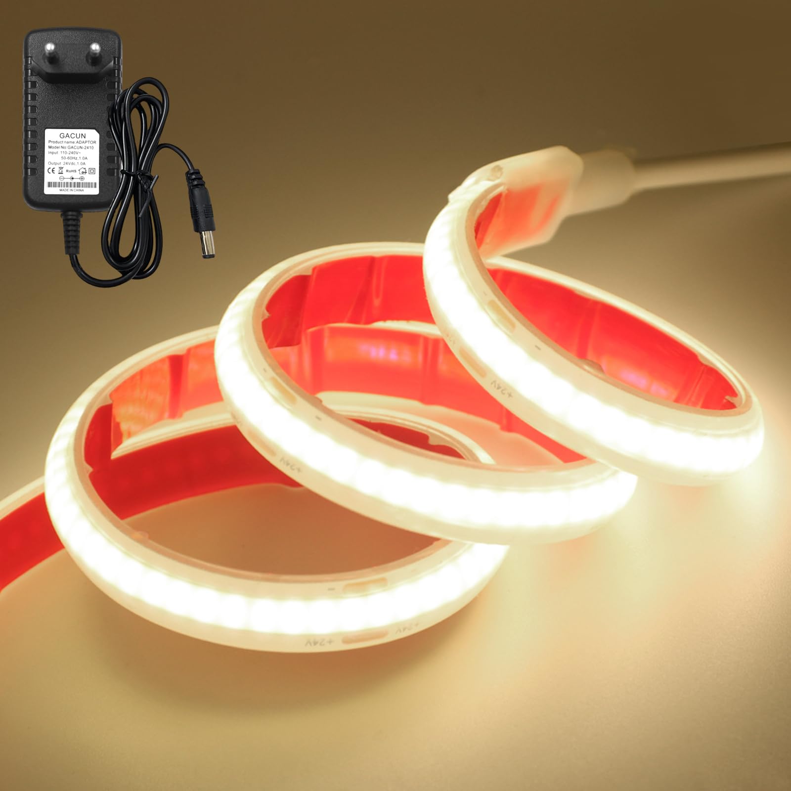 KISUFU Tira LED COB 24V 320 LEDs/M DC Tira de luces LED Ip68 impermeable Superbrillante luces de cinta LED con Fuente de alimentación para Interior y exterior Decoración del Hogar
