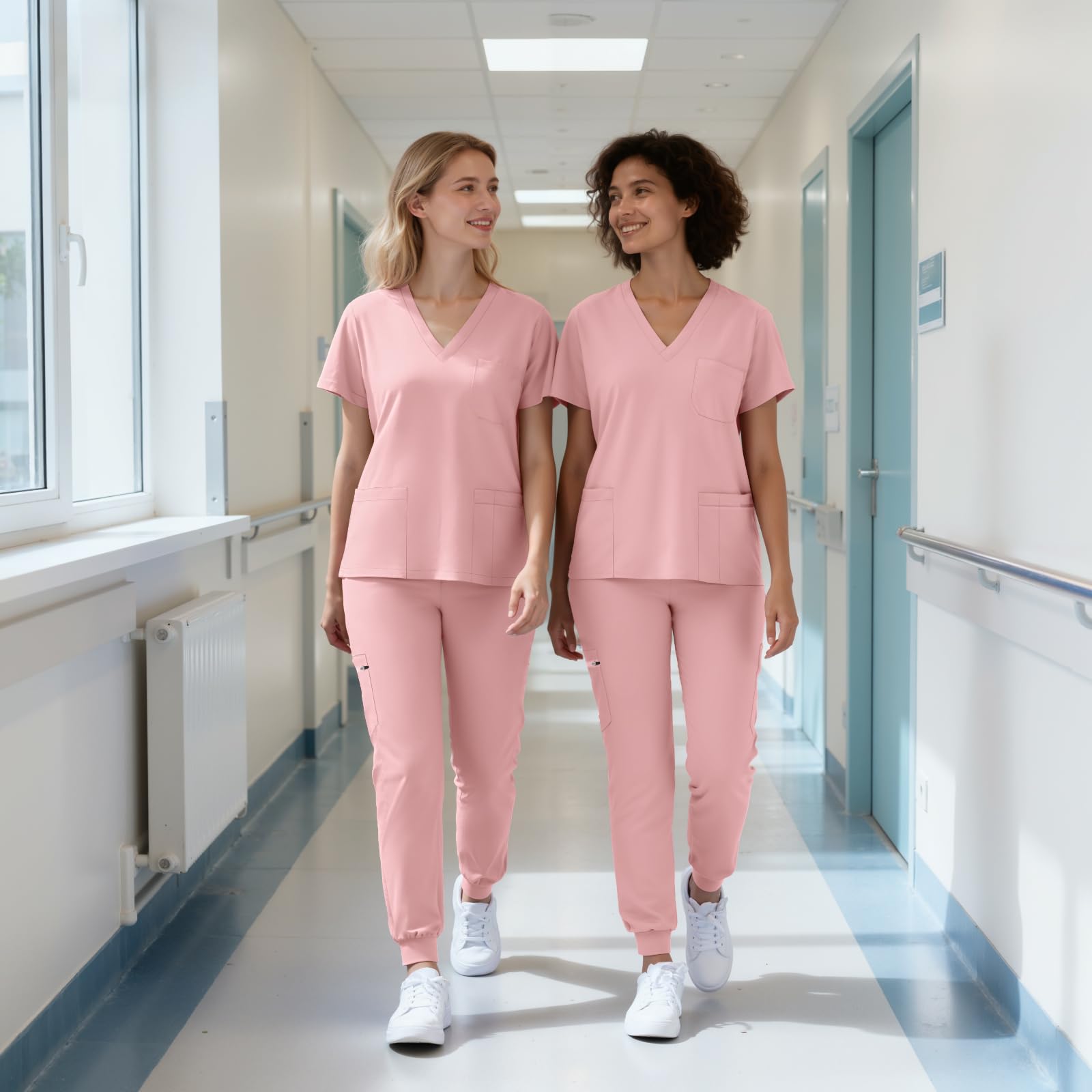 Set di scrub medico da donna, 4 direzioni, divisa medica, con scollo a V classico e pantaloni da jogging per yoga, set di uniformi mediche per infermieristica