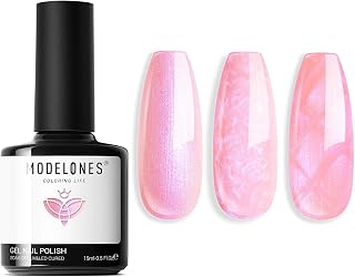 Modelones Gel Nail Polish, 15 ML Shimmer Pearl Pink Nail Polish Drawing Glitter Soak Off Mermaid Glitter Nail Gel Polish Swirl Shell Thread Effect DIY Gift for Girls Women